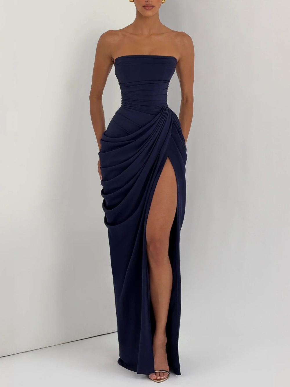 BABYBOO CYRA MAXI DRESS - NAVY (Strapless Navy Draped Gown with Side Slit)